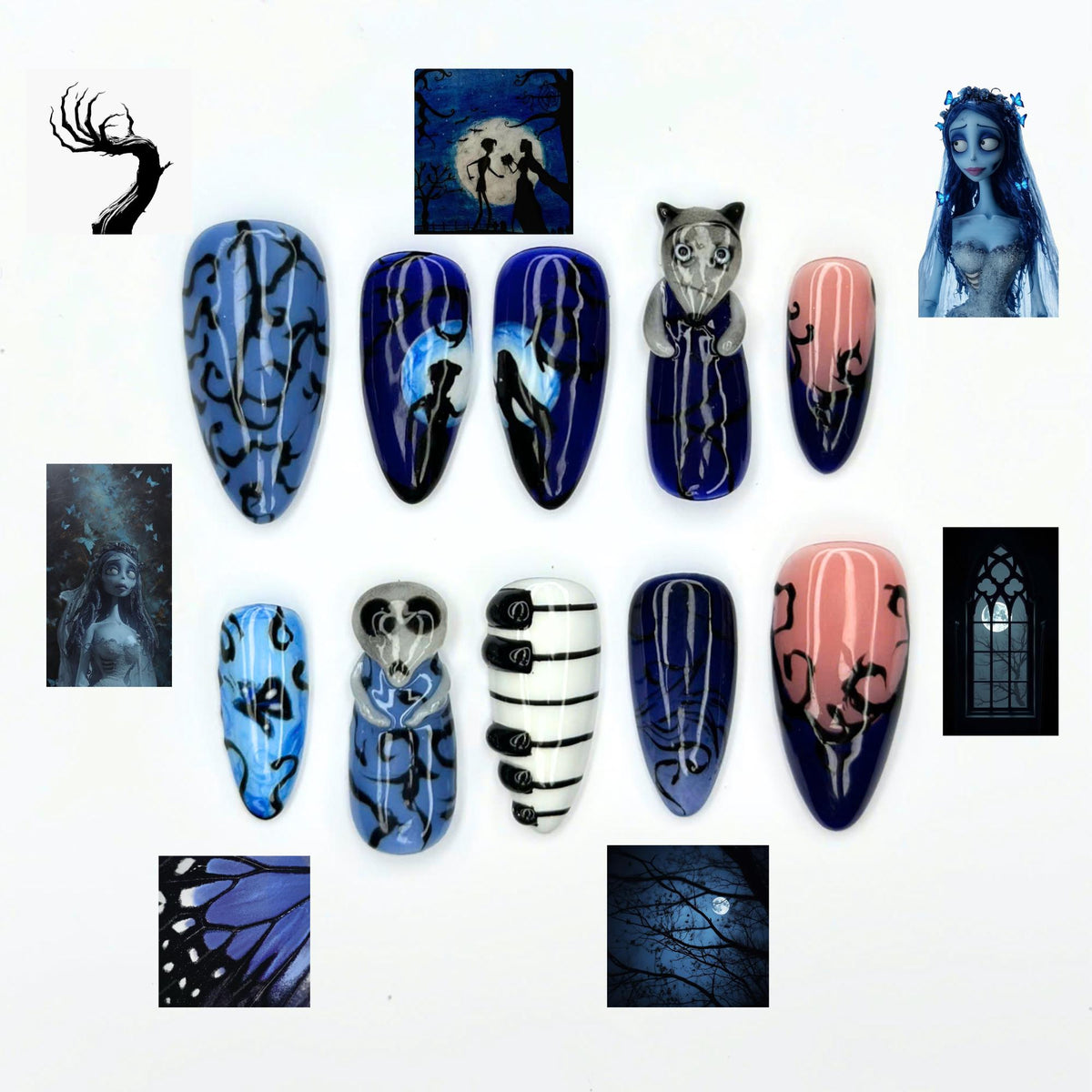 Dark Fantasy Press On Nails with Gothic Art | Midnight Blue 3D Details | Spooky Storybook Nails | JB552UC