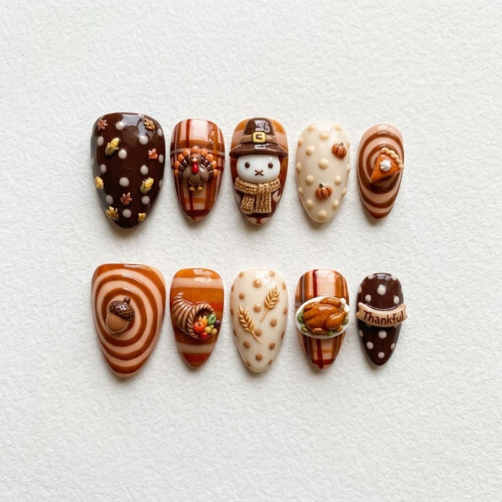 Thanksgiving Press On Nails | Cozy Fall Harvest Inspiration | 3D Almond Nail Style | Turkey Pumpkin Pie Plaid Nail | Cute Autumn Feast Nail