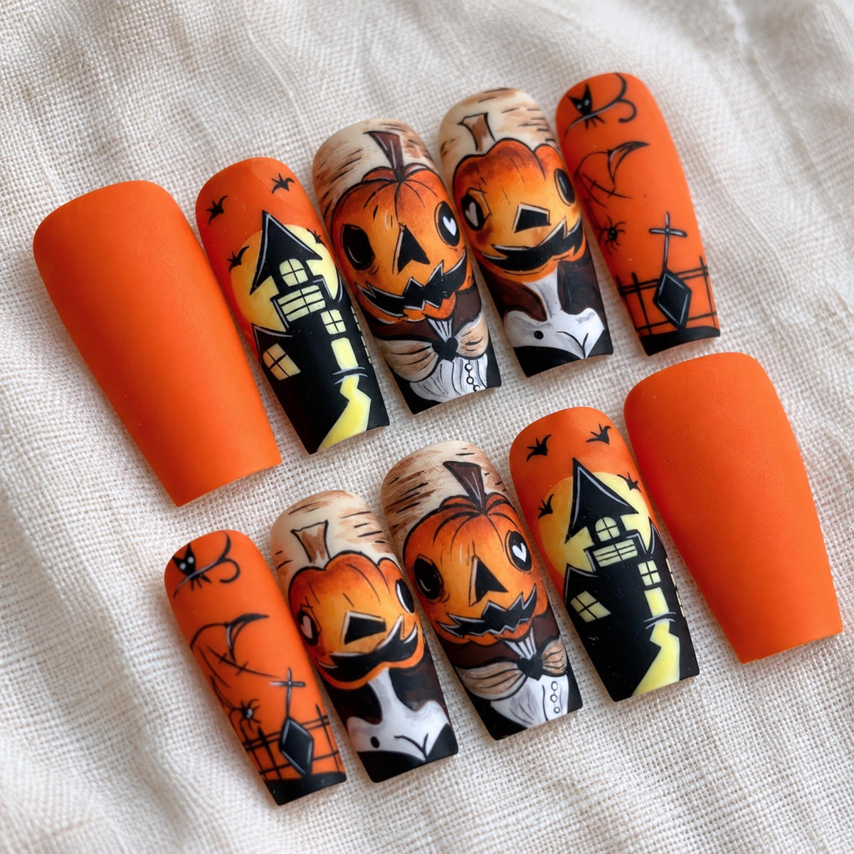Spooky Halloween Press On Nails, Orange Haunted House Nail Art, Custom Holiday Nails