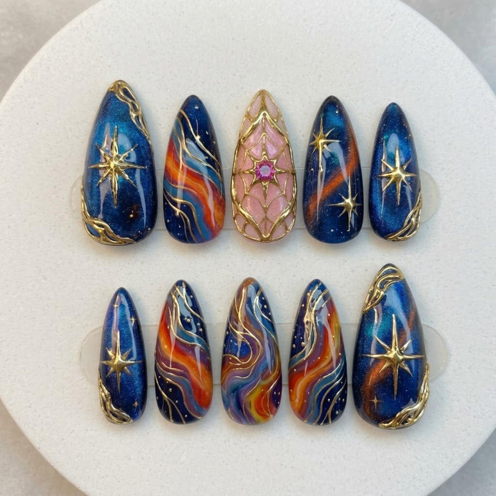 Cosmic Galaxy Press On Nails | Mystical Astrology Magic | Glam Almond Shape Nails | Gold Star Swirls Nail | 3D Chrome Gem Art Nail