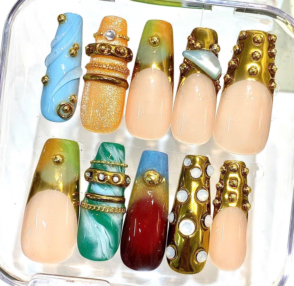 Luxury Press-On Nails, Gold Chrome, Gemstone, Square Fake Nails (Set)