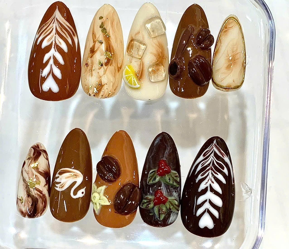 Handmade Press-On Nails, Coffee Bean, Swan, Botanical Designs (Set)