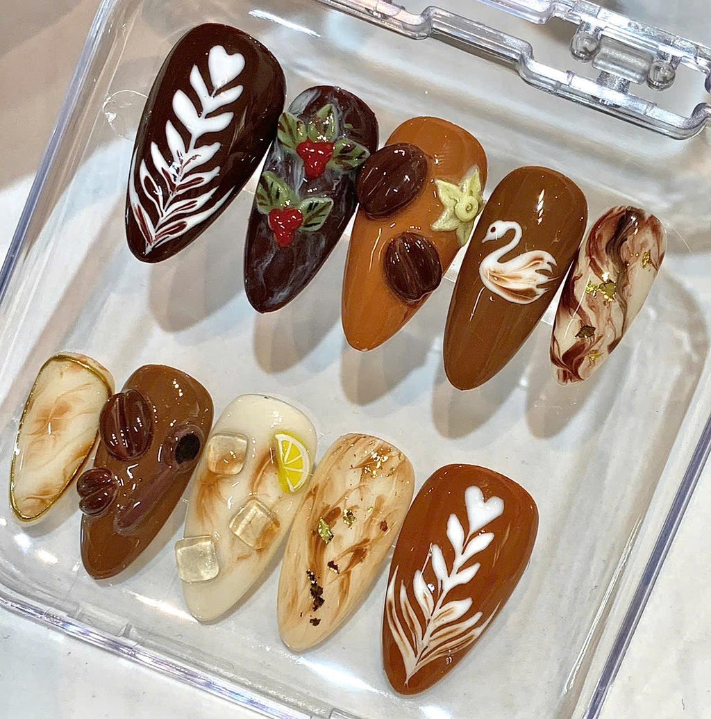Handmade Press-On Nails, Coffee Bean, Swan, Botanical Designs (Set)