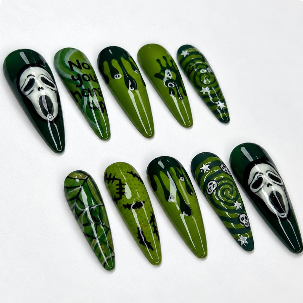 Halloween Press On Nails with Ghost Mask Art , Green Horror Nails , Long Stiletto Spooky Nail Set  | JB529WA