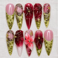 Burgundy Green Floral Press On Nails, 3D Botanical Gold Accent Stiletto Nails