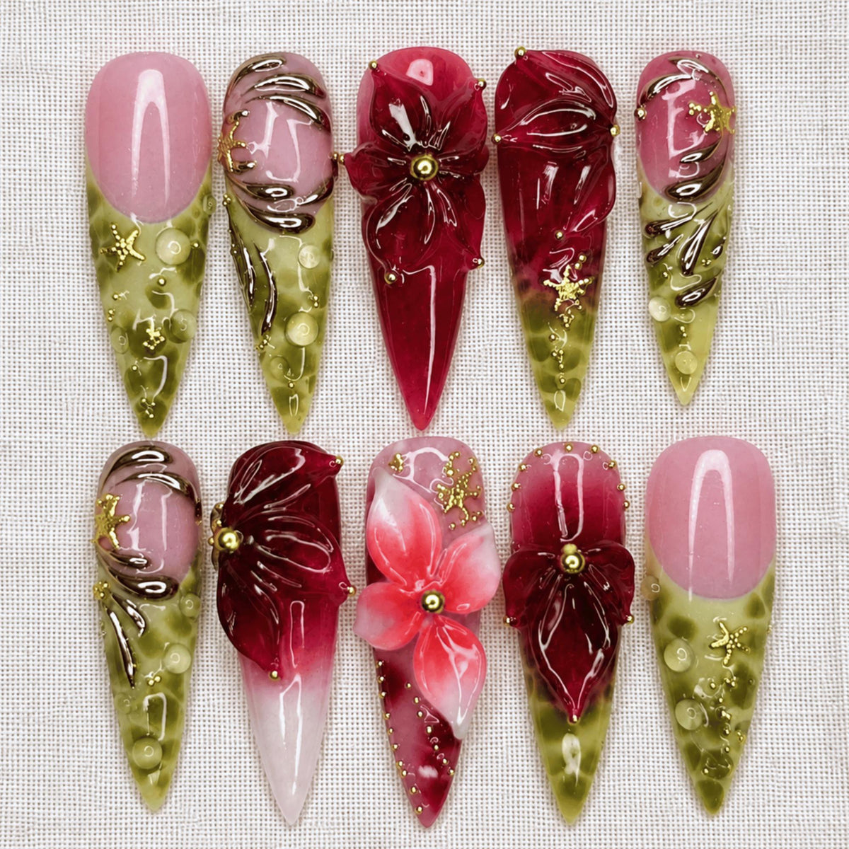 Burgundy Green Floral Press On Nails, 3D Botanical Gold Accent Stiletto Nails