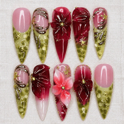 Burgundy Green Floral Press On Nails, 3D Botanical Gold Accent Stiletto Nails