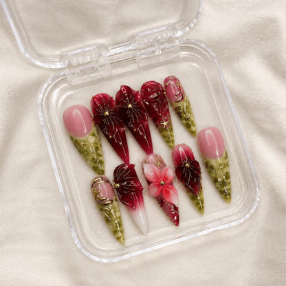 Burgundy Green Floral Press On Nails, 3D Botanical Gold Accent Stiletto Nails