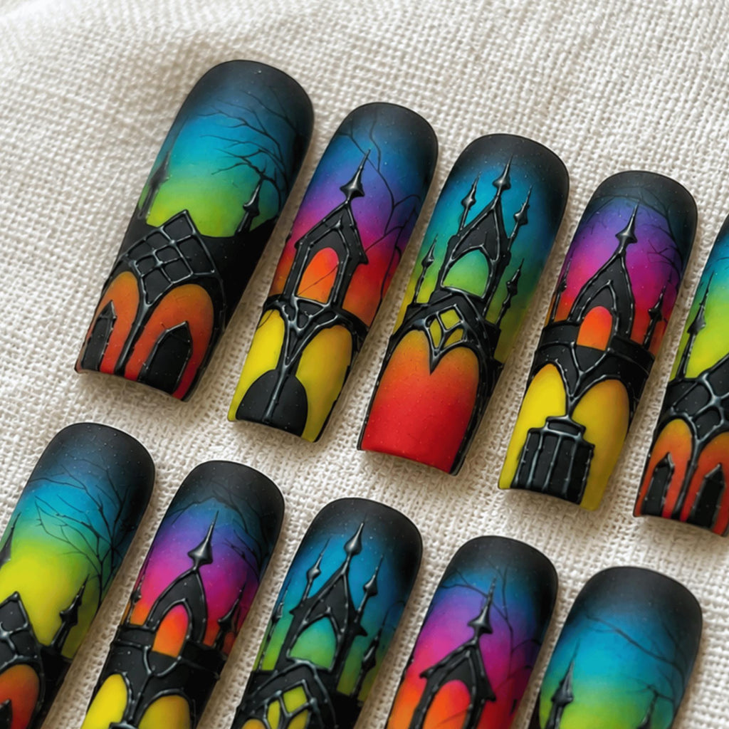 Dark Halloween Press On Nails, Gothic Cathedral Stained Glass Nail Art