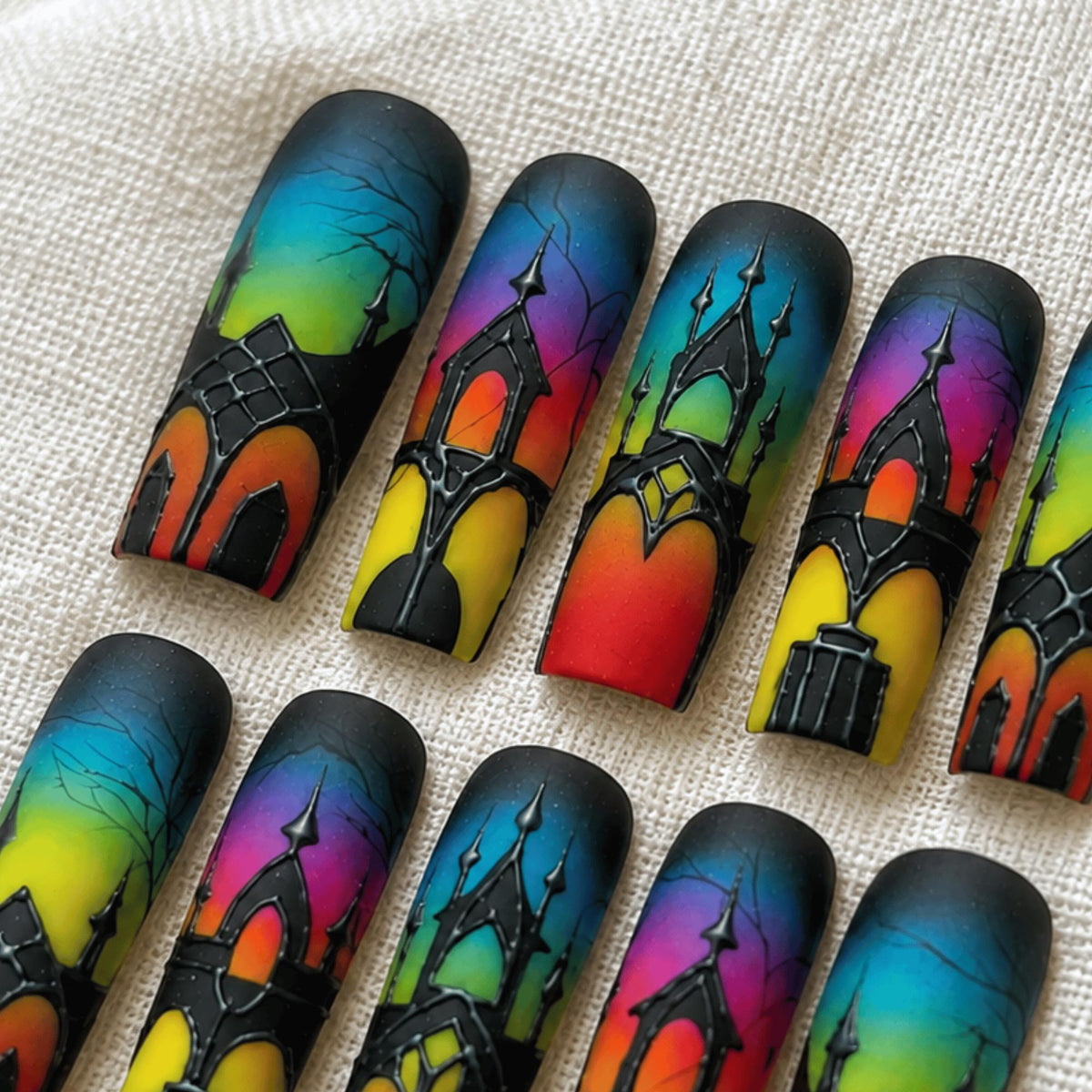 Dark Halloween Press On Nails, Gothic Cathedral Stained Glass Nail Art