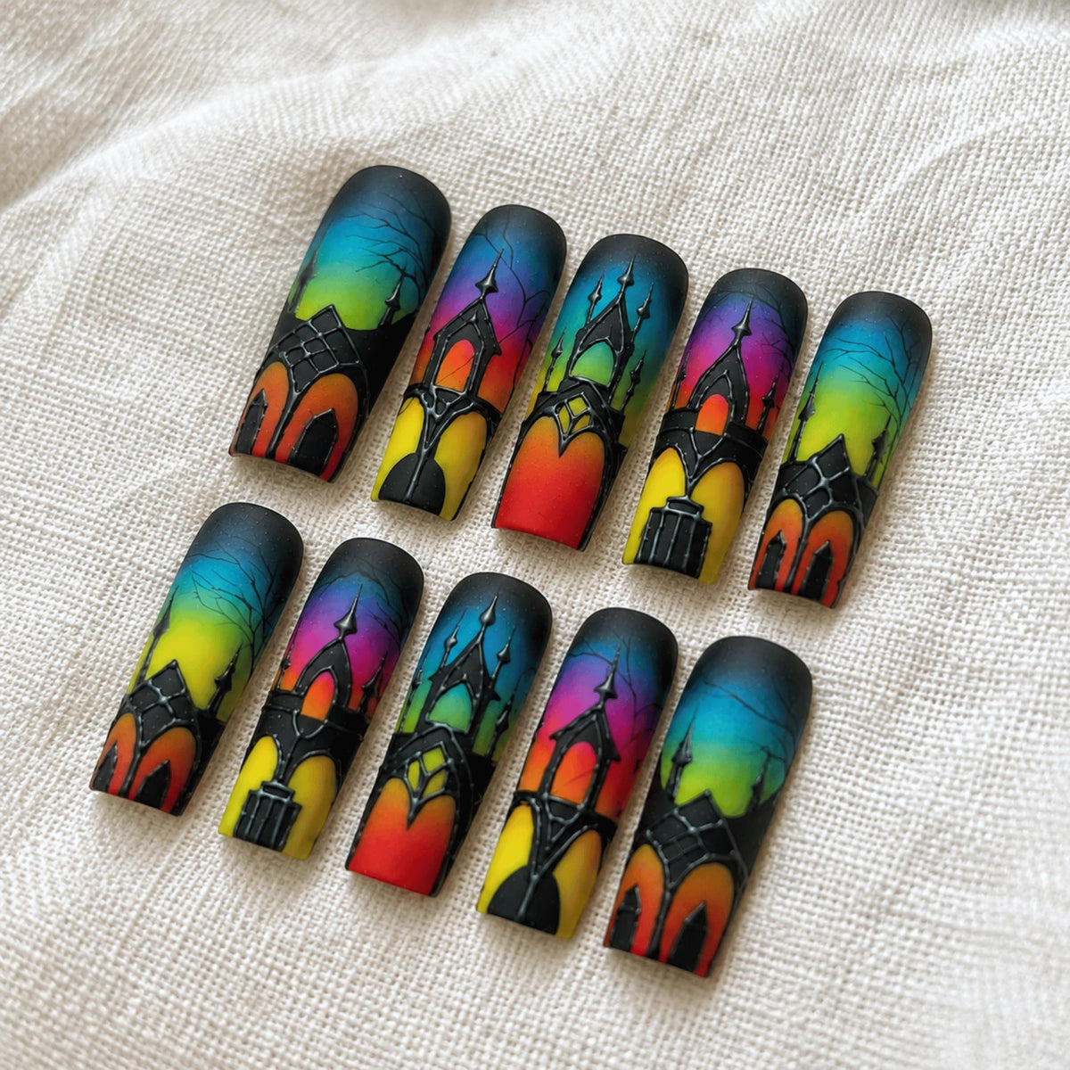 Dark Halloween Press On Nails, Gothic Cathedral Stained Glass Nail Art
