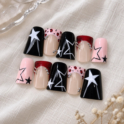 Y2K Punk Press On Nails, Pink Black Star Leopard Piercing Nail Set