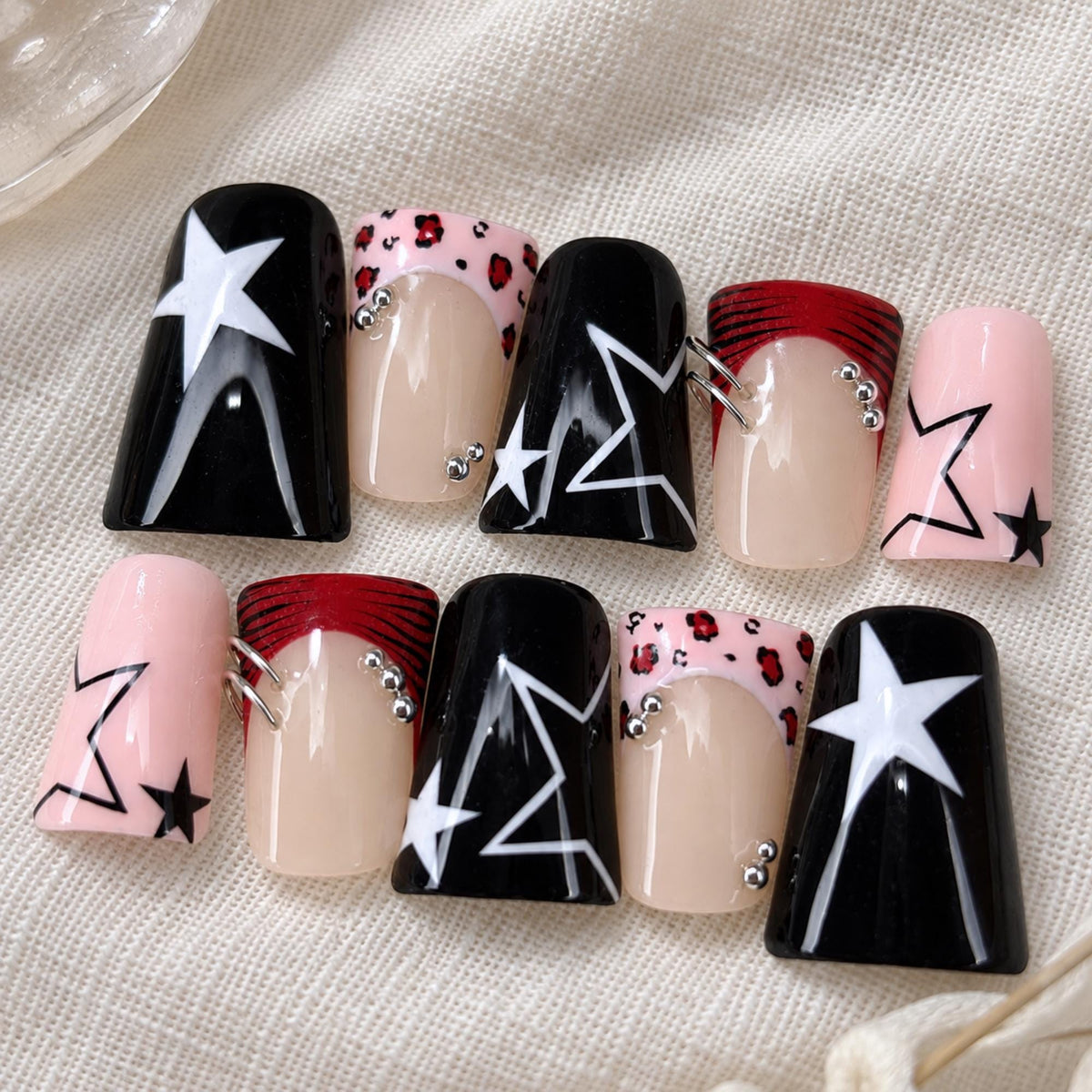 Y2K Punk Press On Nails, Pink Black Star Leopard Piercing Nail Set