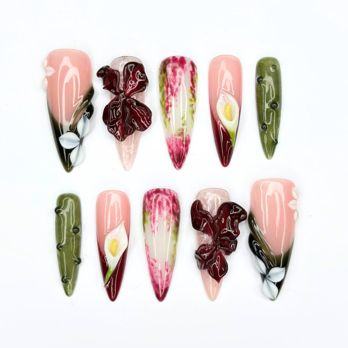 Floral Press On Nails with 3D Burgundy Flowers | Calla Lily & Olive Green Art | Botanical Statement Nails  | JB557UC