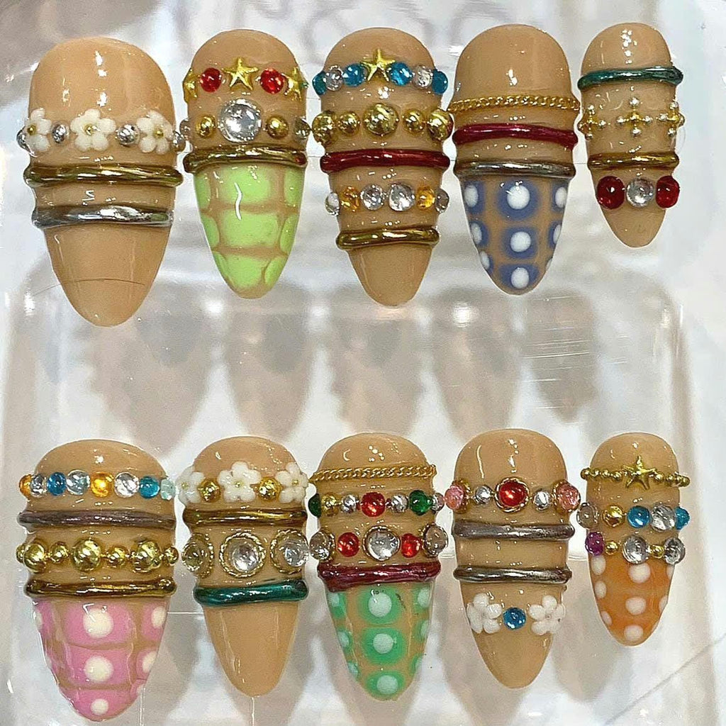 3D Press On Nails, Rhinestone Polka Dot Harajuku Nail Set, Reusable False Nails