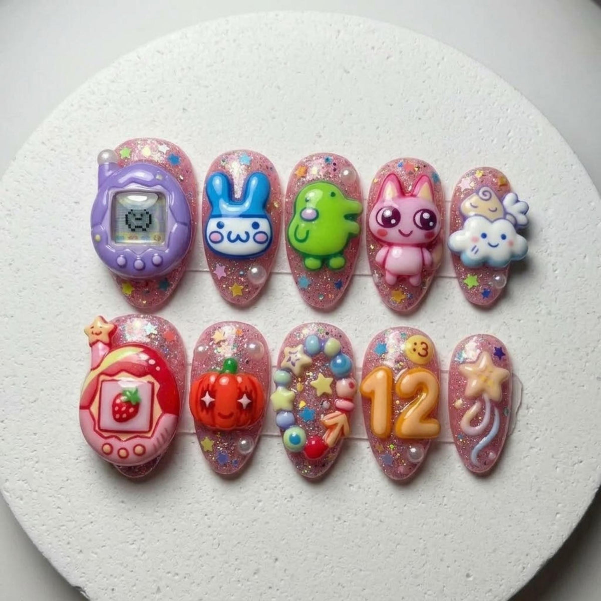 Kawaii Toycore Press On Nails | Tamagotchi Inspired Vibes | 3D Almond Nail Style | Bunny Dino Cloud Star Nail | Pink Fantasy Art Nail
