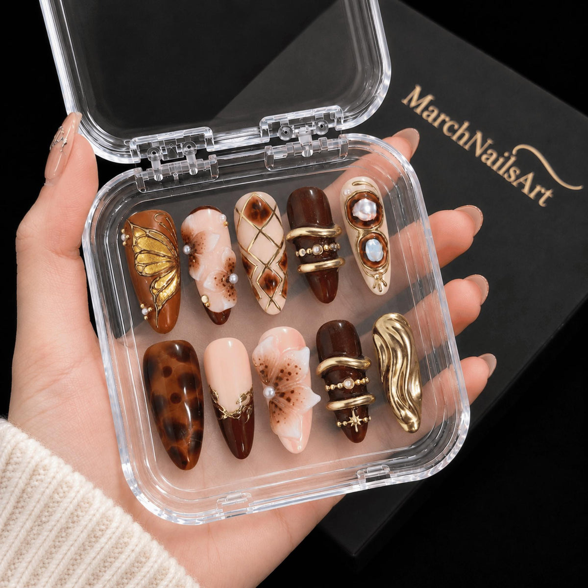 Fall Brown Press On Nails, Tortoise Shell 3D Floral Nails, Cozy Gold Chrome Nails