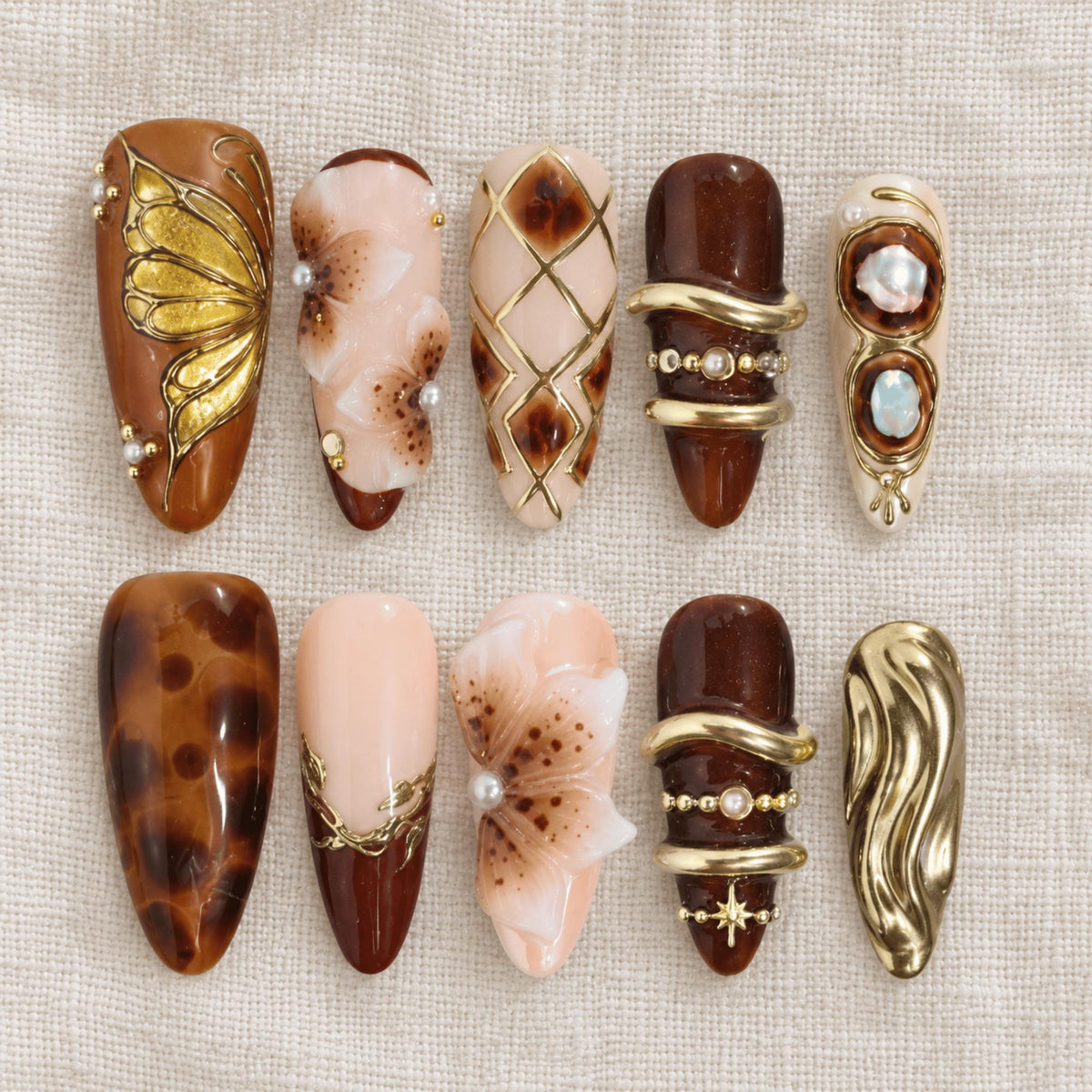 Fall Brown Press On Nails, Tortoise Shell 3D Floral Nails, Cozy Gold Chrome Nails