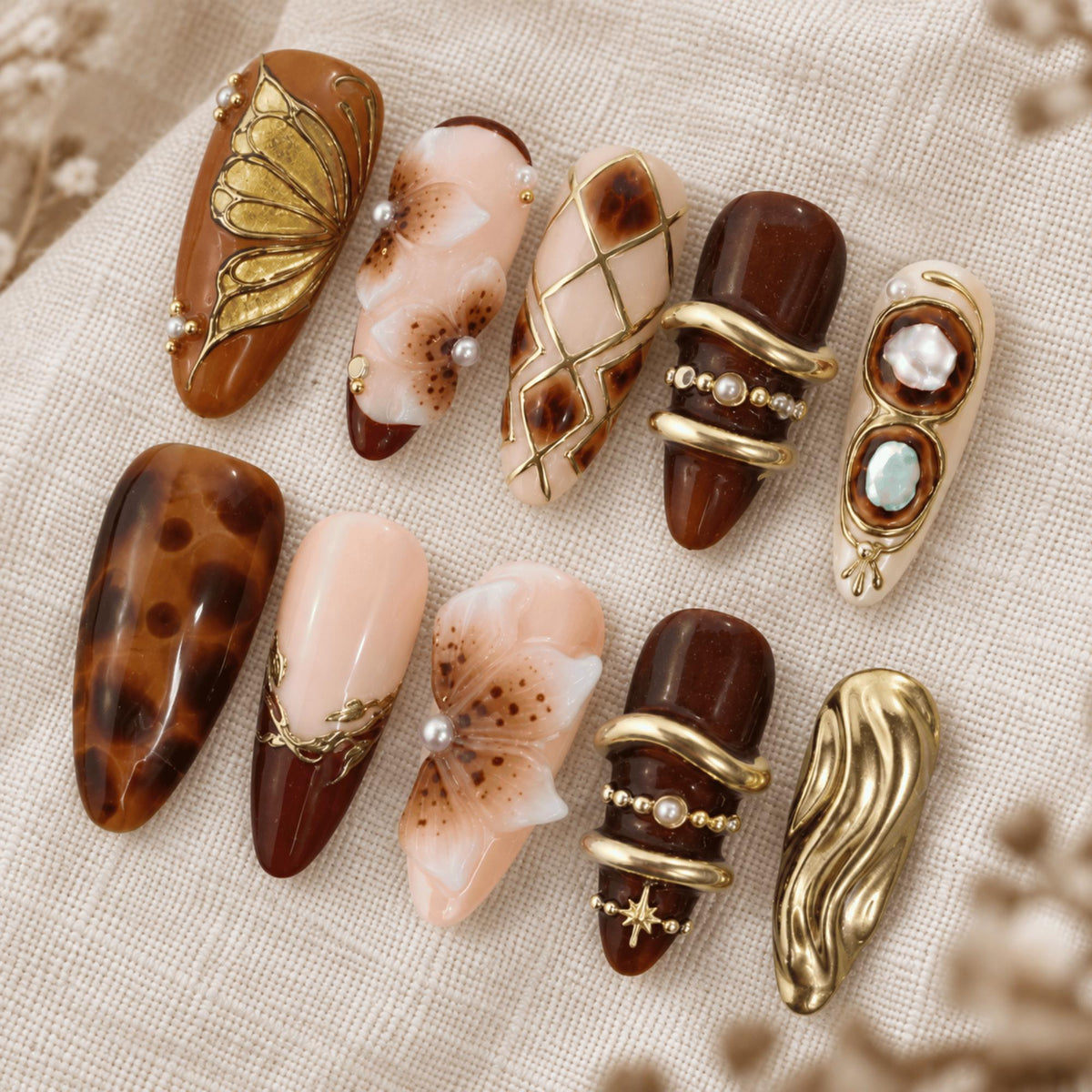 Fall Brown Press On Nails, Tortoise Shell 3D Floral Nails, Cozy Gold Chrome Nails