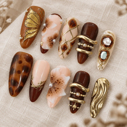 Fall Brown Press On Nails, Tortoise Shell 3D Floral Nails, Cozy Gold Chrome Nails
