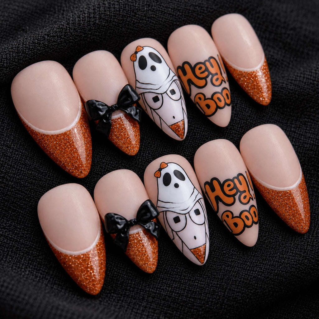 Kawaii Halloween Press On Nails, Cute Ghost Design with Black 3D Bows