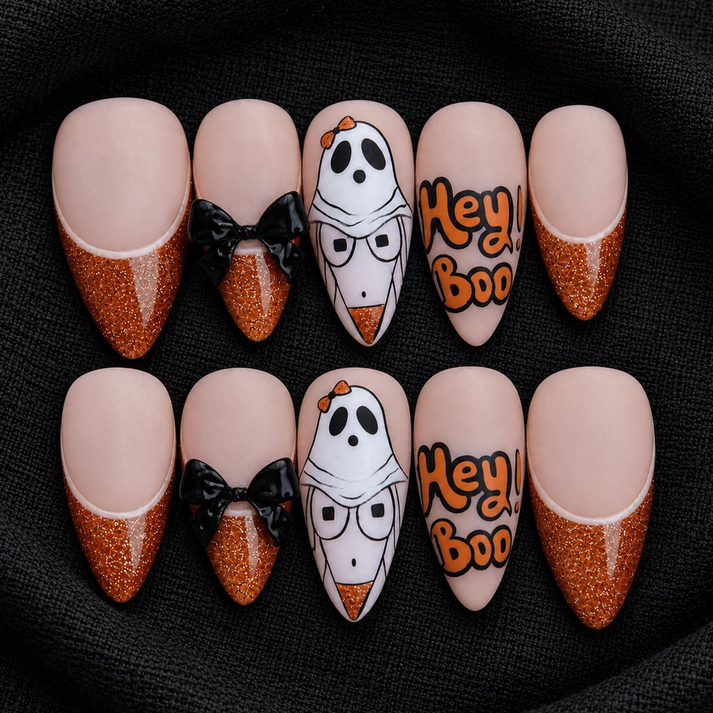 Kawaii Halloween Press On Nails, Cute Ghost Design with Black 3D Bows