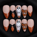 Kawaii Halloween Press On Nails, Cute Ghost Design with Black 3D Bows