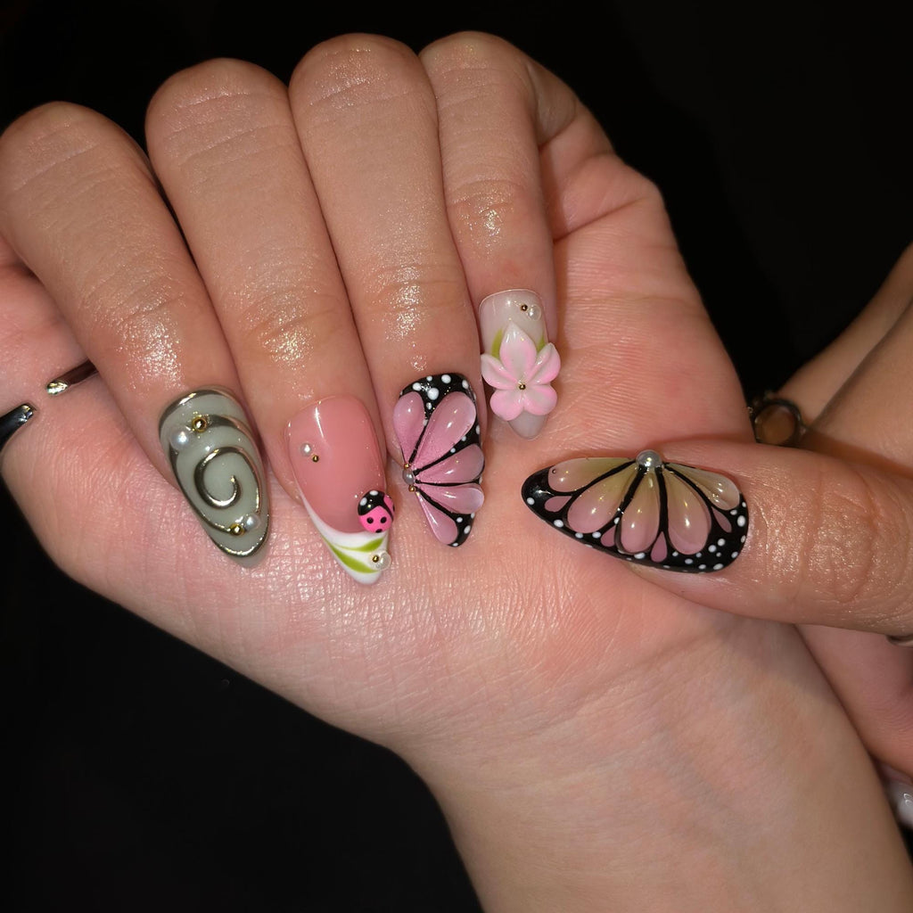 Fall Press On Nails with 3D Flowers , Pink Butterfly Nail Art . Handmade Botanical Nails for Autumn| JB559WC
