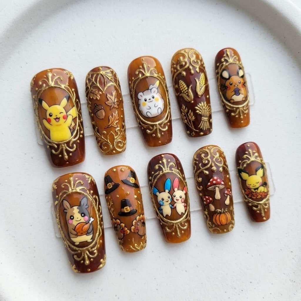 Thanksgiving Character Press On Nails, Handmade Pumpkin Leaf Harvest Nails, Brown Gold Autumn Fake Nails