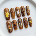 Thanksgiving Character Press On Nails, Handmade Pumpkin Leaf Harvest Nails, Brown Gold Autumn Fake Nails