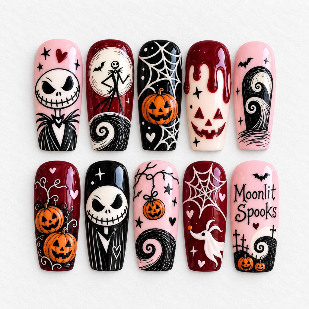 Spooky Skeleton Halloween Press On Nails, Handmade Pumpkin Ghost Web Nails, Pink Burgundy Creepy Cute Fake Nails