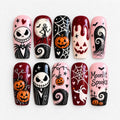 Spooky Skeleton Halloween Press On Nails, Handmade Pumpkin Ghost Web Nails, Pink Burgundy Creepy Cute Fake Nails
