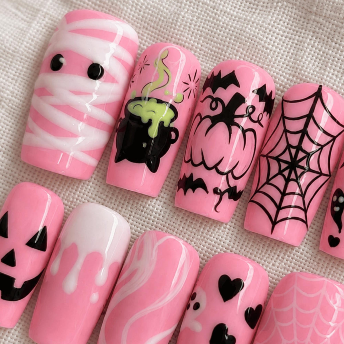 Pink Halloween Press On Nails, Handmade Spooky Ghost Pumpkin Nail Art