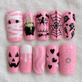 Pink Halloween Press On Nails, Handmade Spooky Ghost Pumpkin Nail Art