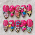 Pink Y2K Press On Nails, Zebra Print Bold Nails, 3D Heart Star Charm Nails