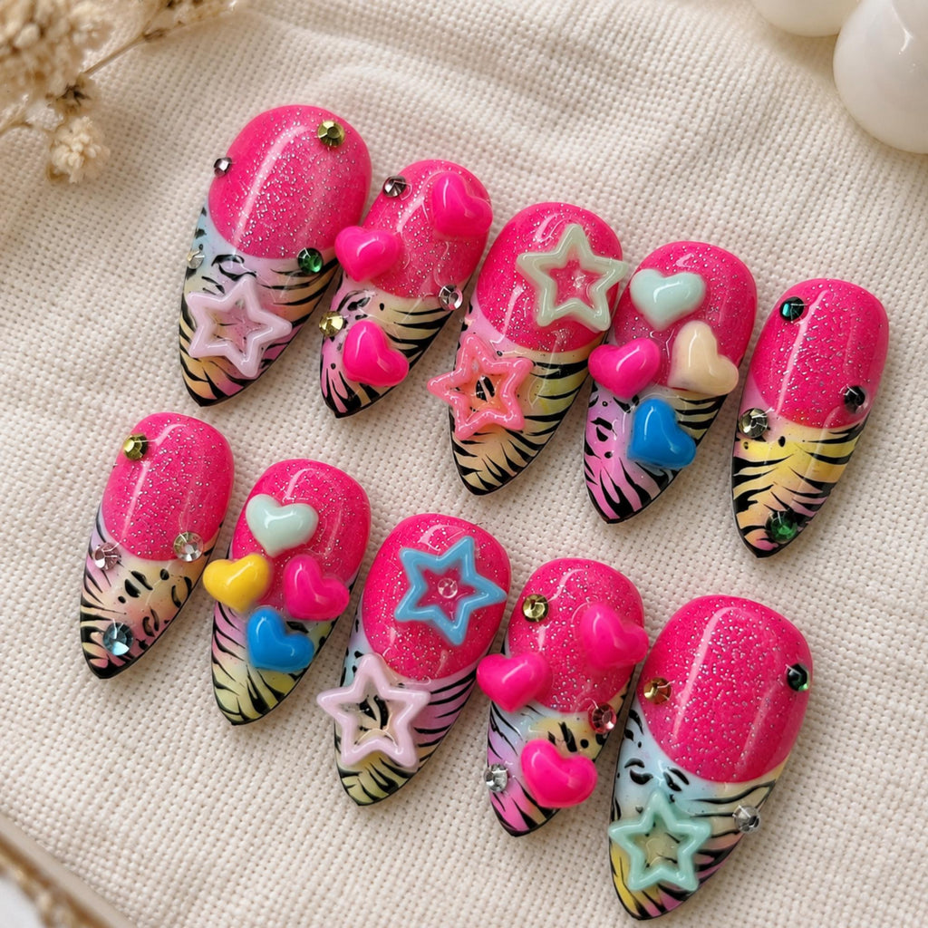 Pink Y2K Press On Nails, Zebra Print Bold Nails, 3D Heart Star Charm Nails