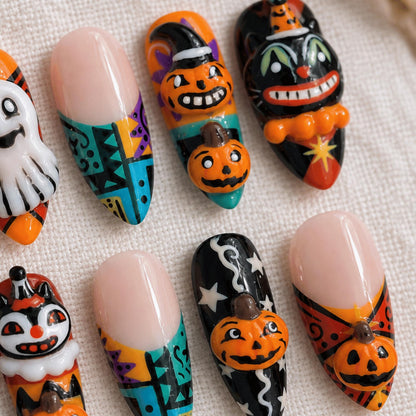 3D Retro Halloween Press On Nails, Black Cat Pumpkin Nails, Custom Spooky Ghost Nail Art