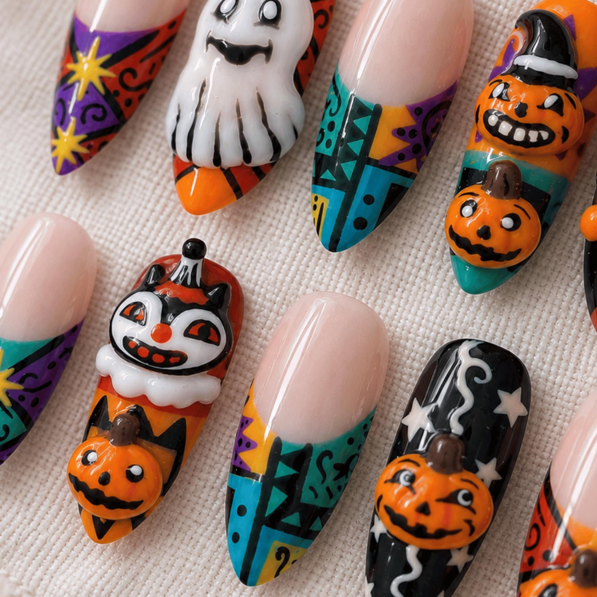 3D Retro Halloween Press On Nails, Black Cat Pumpkin Nails, Custom Spooky Ghost Nail Art