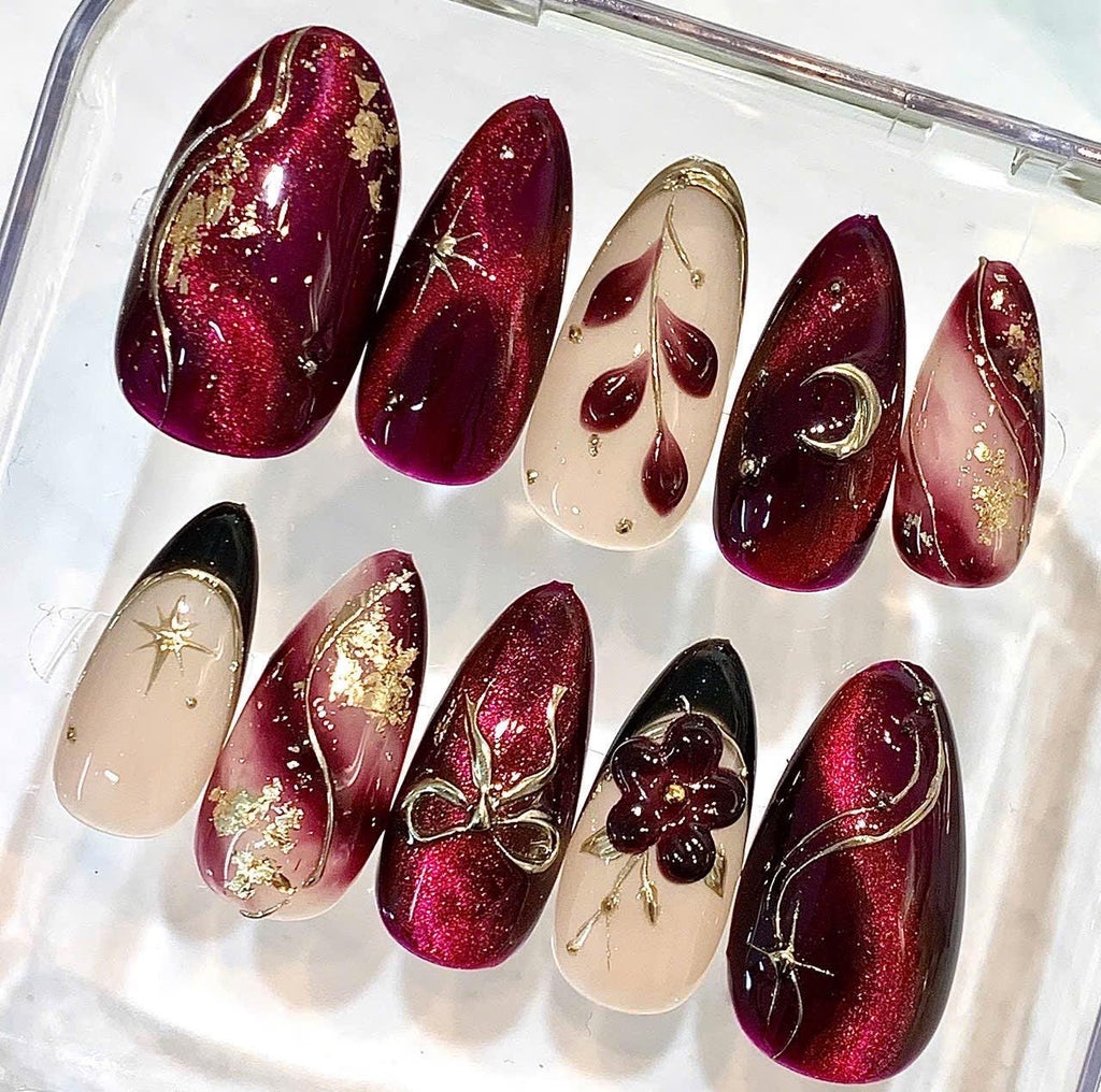 Burgundy Press-On Nails, 3D Floral, Gold Leaf, Celestial Moon Design