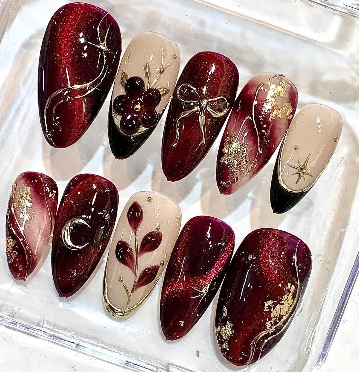 Burgundy Press-On Nails, 3D Floral, Gold Leaf, Celestial Moon Design