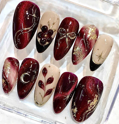 Burgundy Press-On Nails, 3D Floral, Gold Leaf, Celestial Moon Design