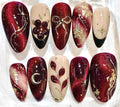 Burgundy Press-On Nails, 3D Floral, Gold Leaf, Celestial Moon Design