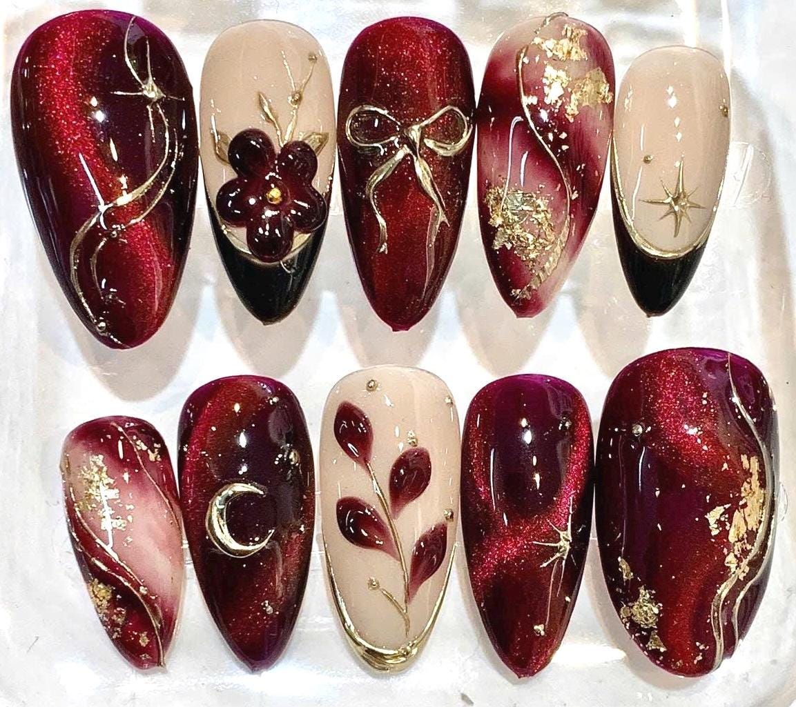 Burgundy Press-On Nails, 3D Floral, Gold Leaf, Celestial Moon Design