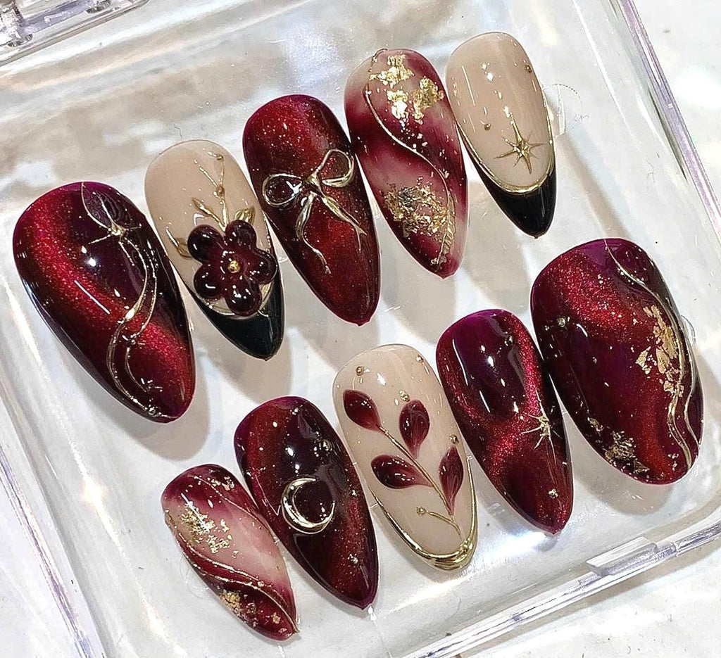 Burgundy Press-On Nails, 3D Floral, Gold Leaf, Celestial Moon Design
