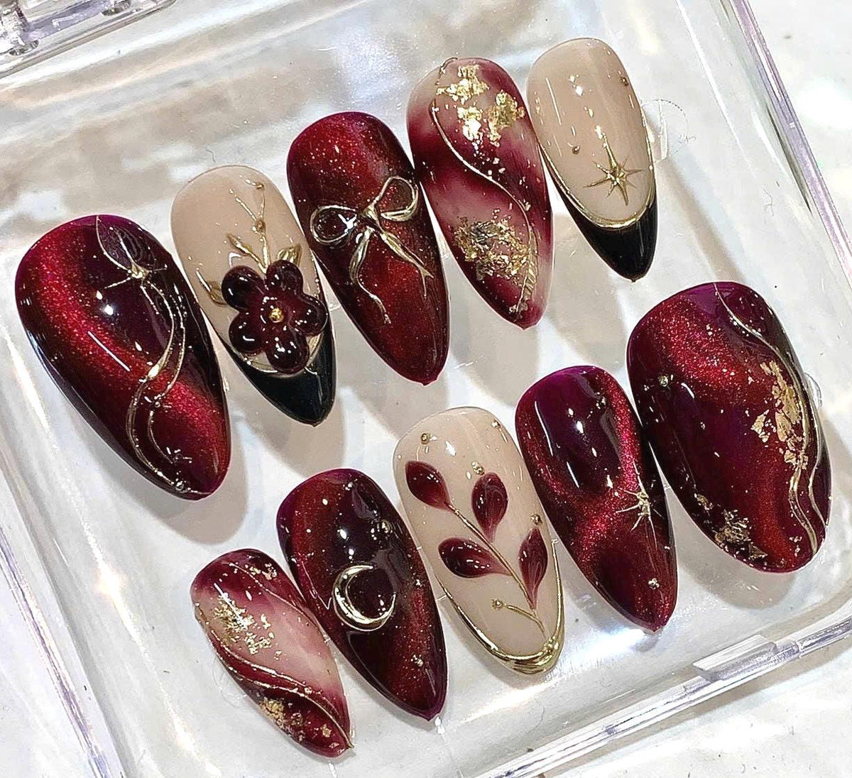 Burgundy Press-On Nails, 3D Floral, Gold Leaf, Celestial Moon Design