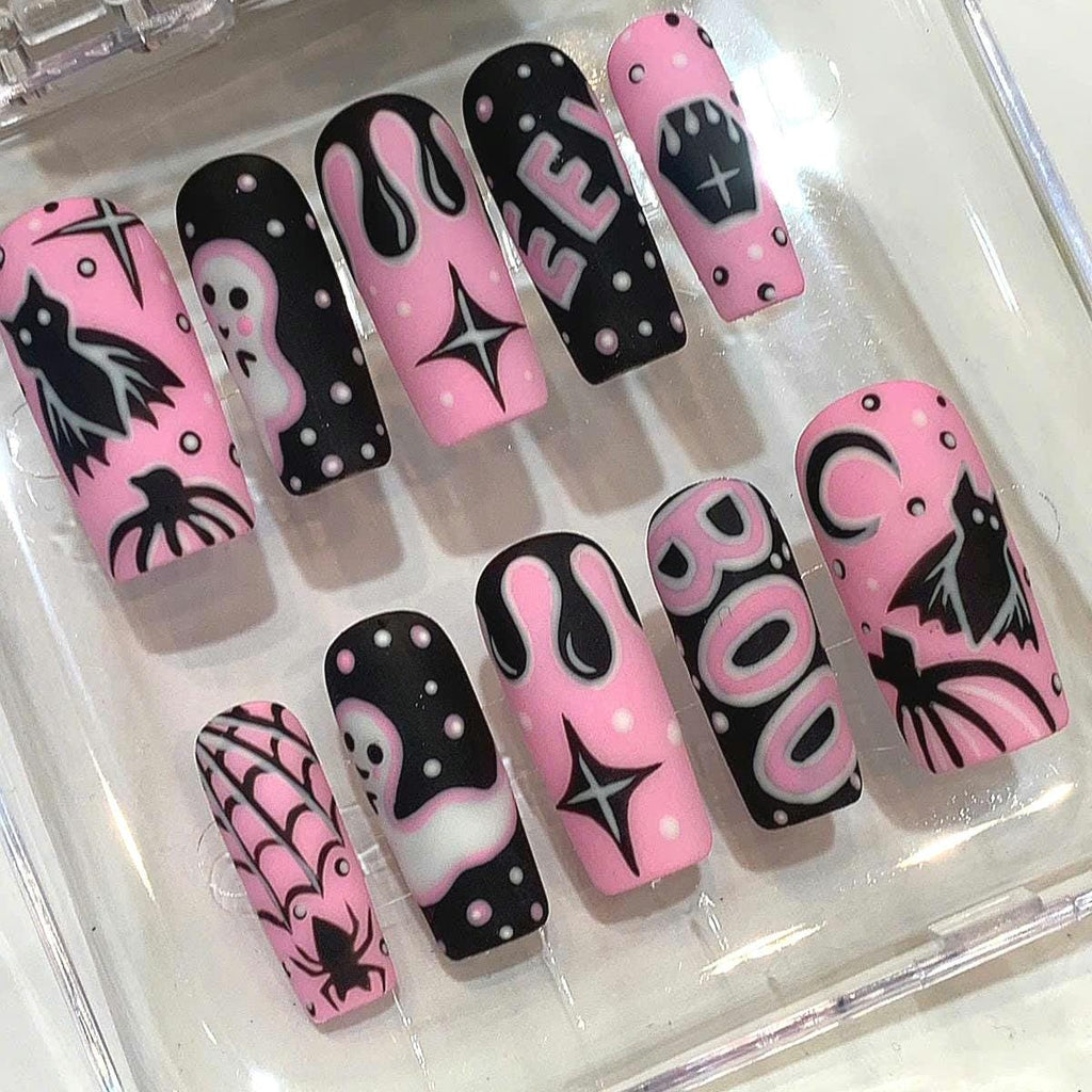 Pink & Black Halloween Press On Nails – Spooky Ghost Bat Art