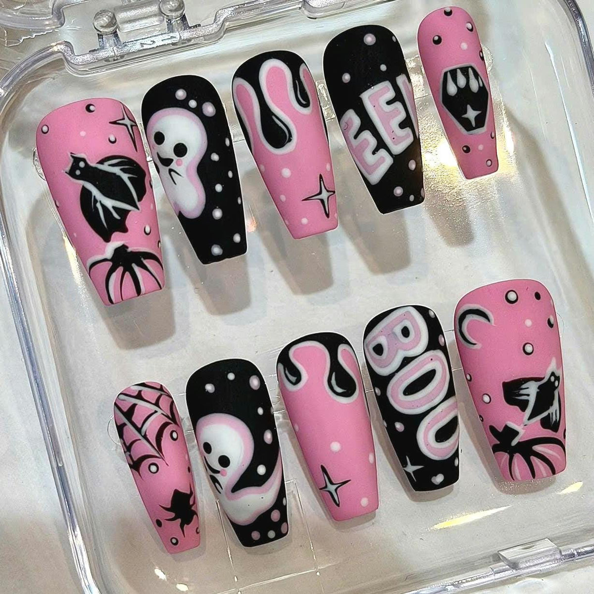 Pink & Black Halloween Press On Nails – Spooky Ghost Bat Art
