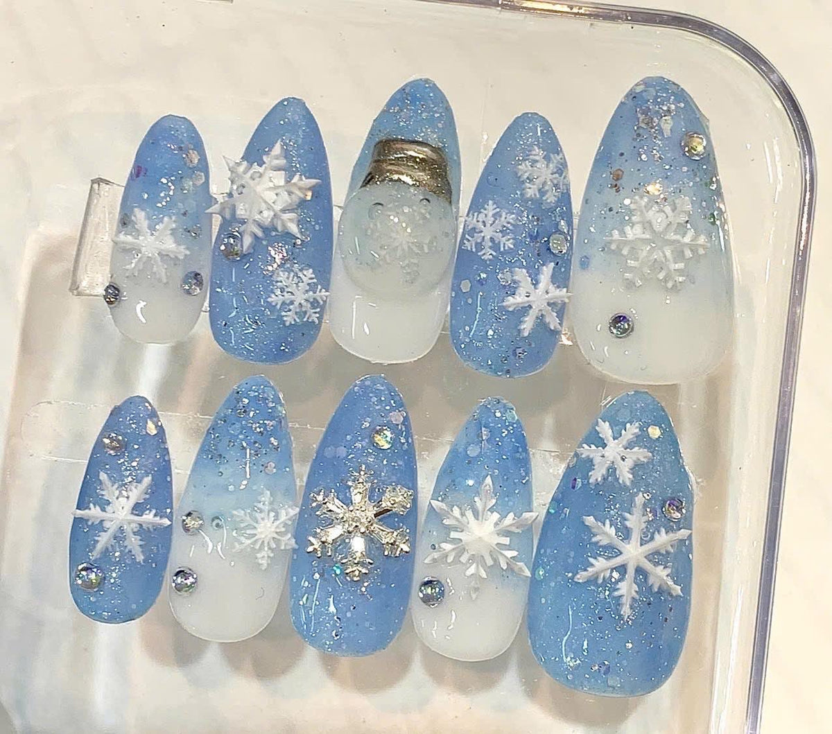 Handmade Blue Snowflake Press-On Nails, Glitter Rhinestone Holiday Set