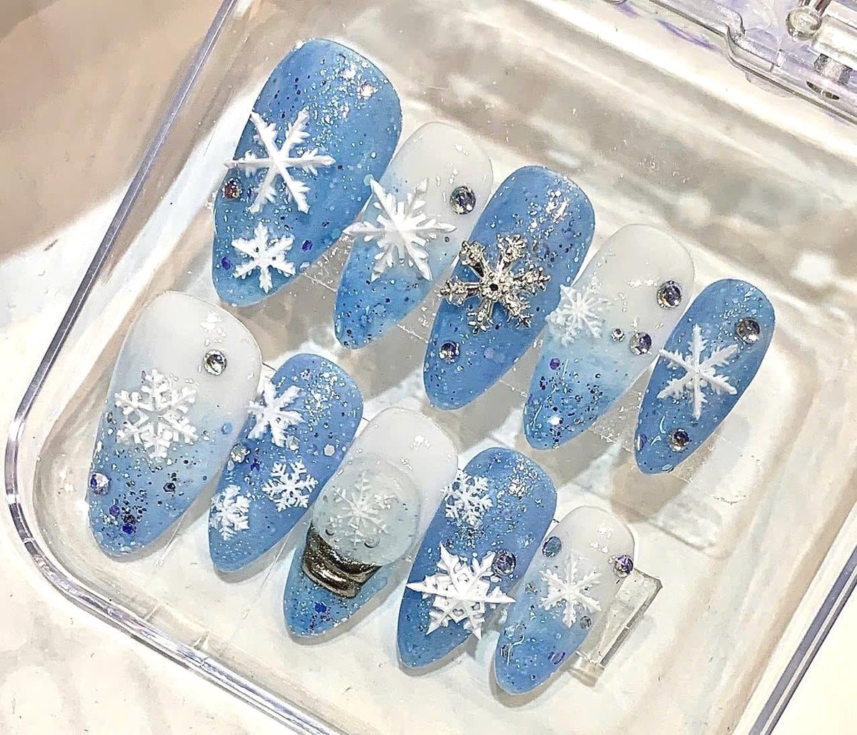Handmade Blue Snowflake Press-On Nails, Glitter Rhinestone Holiday Set