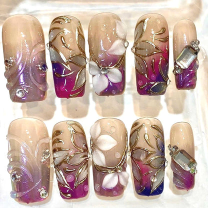 Handmade Press-On Nails, Purple Floral Gold, Crystal Gem, Elegant Square Set